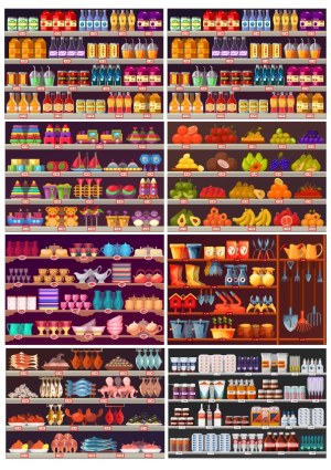 Supermarket Shelves Full of Groceries, Household Items, and Tools Vector Illustration Free Vector