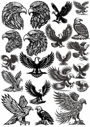 Black and White Stylized Eagle and Hawk Vector Illustrations Free Vector