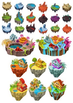 Floating Islands with Diverse Biomes and Houses Vector Set Free Vector