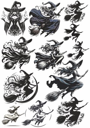 Collection of Female Witch Silhouettes on Brooms Free Vector