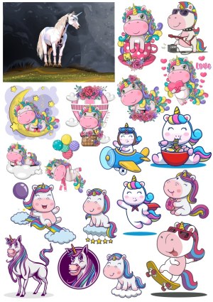 Cartoon Unicorn Characters and Realistic Unicorn Illustration Set Free Vector