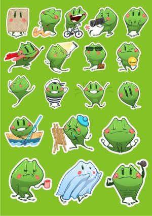 Cute Green Frog Character Stickers in Various Poses and Activities Free Vector