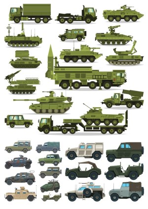 Set of Military Vehicles and Armored Tanks Vector Illustrations Free Vector