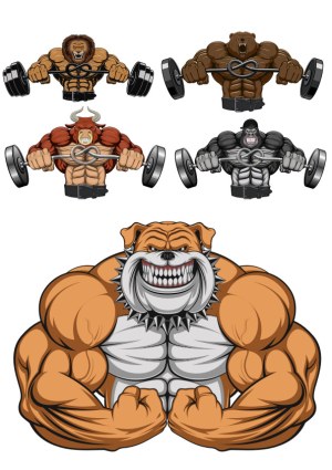 Set of Muscular Animal Mascots Lifting Barbells and Flexing Free Vector
