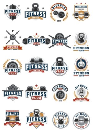 Collection of Fitness Club and Center Vector Logos with Dumbbells, Kettlebells, and Weightlifting Designs Free Vector