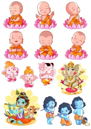 Cute Cartoon Baby Monks and Hindu Deities Vector Set Free Vector