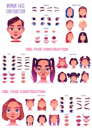Vector Set for Female Face Construction with Facial Features and Hairstyles Free Vector