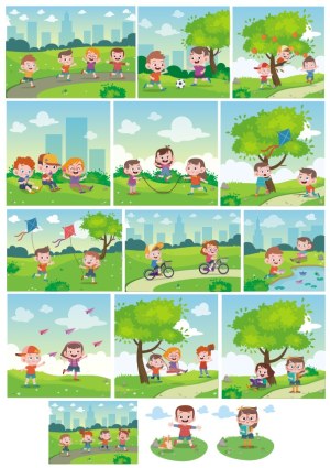 Children Playing Outdoor Activities in Park Vector Illustrations Free Vector