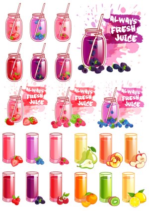 Fresh Fruit Juices and Smoothies in Glasses and Jars with Straw Vector Set Free Vector