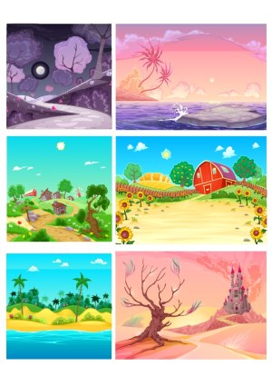 Collection of Six Colorful Vector Nature and Fantasy Landscapes Free Vector