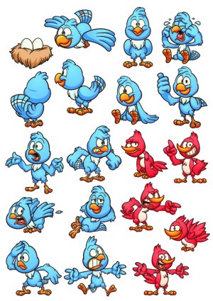 Cartoon Blue and Red Bird Characters with Various Expressions and Poses Free Vector