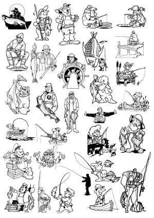 Collection of Fishing and Fisherman Cartoon Vector Illustrations Free Vector