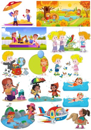 Children Playing Outdoors in Various Activities Vector Set Free Vector