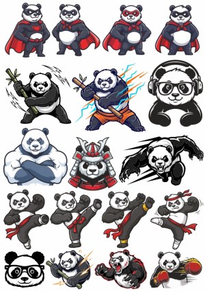 Collection of Martial Arts and Superhero Panda Vector Illustrations Free Vector