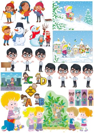 Collection of Cartoon Children, Snowmen, and Characters in Various Winter and Everyday Scenes Free Vector