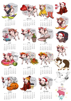 2019 Year of the Pig Illustrated Calendar with Monthly Pig Characters Free Vector