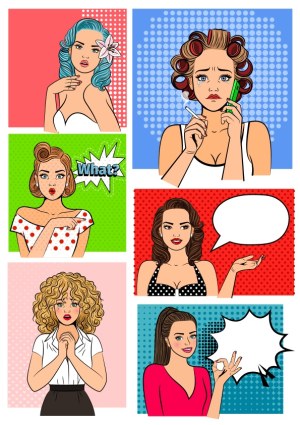 Pop Art Style Women with Various Expressions and Speech Bubbles Free Vector