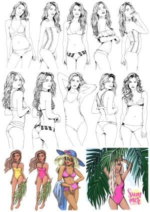 Women in Swimwear Line Art and Color Illustrations Free Vector
