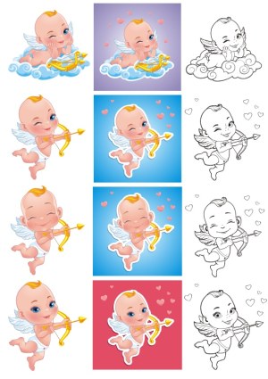 Cute Baby Cupid Vectors with Bow and Heart Arrow in Color and Outline Free Vector