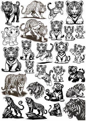 Detailed Black and White Tiger and Tiger Cub Illustrations Free Vector