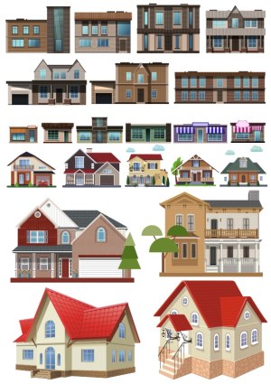 Collection of Residential and Commercial Stylized Building Vector Illustrations Free Vector