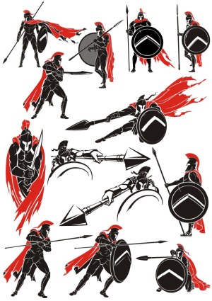 Vector Set of Spartan Warriors in Action Poses with Red Capes and Shields Free Vector