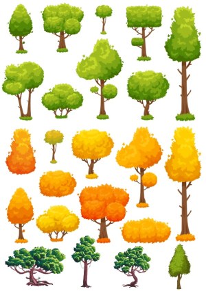 Collection of Cartoon Style Trees in Different Shapes and Seasonal Colors Free Vector