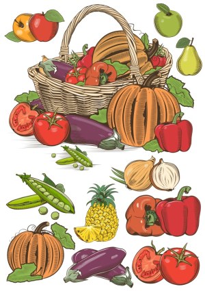 Hand-Drawn Basket with Assorted Fruits and Vegetables Vector Free Vector