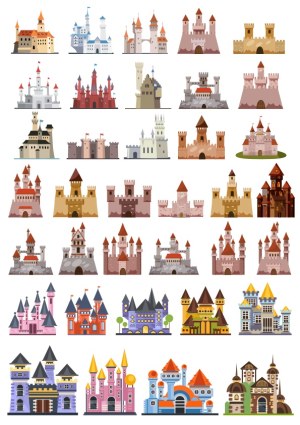 Set of 40 Colorful Cartoon Castle Vector Illustrations Free Vector