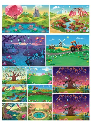 Colorful Fantasy and Nature Landscape Vector Illustrations Free Vector
