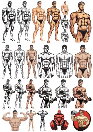 Set of Muscular Male Bodybuilder Vector Illustrations Free Vector