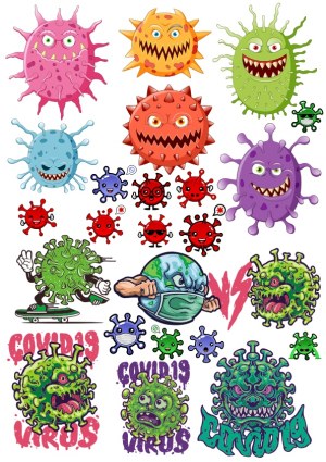 Cartoon Style COVID-19 Virus Characters and Earth Fighting Virus Vector Set Free Vector