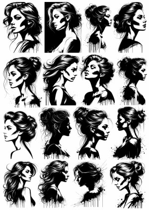 Black and White Vector Silhouettes of Women Hairstyles in Profile Free Vector