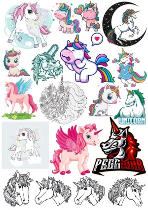 Collection of Colorful and Black-and-White Unicorn Illustrations Free Vector