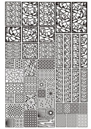 Black and White Japanese-Style Floral and Geometric Patterns Set Free Vector