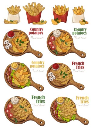 Vector Set of French Fries and Potato Wedges with Dips and Garnishes Free Vector