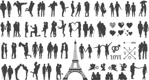 Silhouette Vector Set of Couples in Love with Romantic Symbols and Eiffel Tower Free Vector