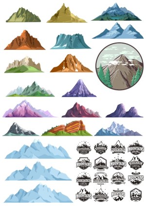 Collection of Colorful Mountain Vector Illustrations and Mountain-themed Badges Free Vector