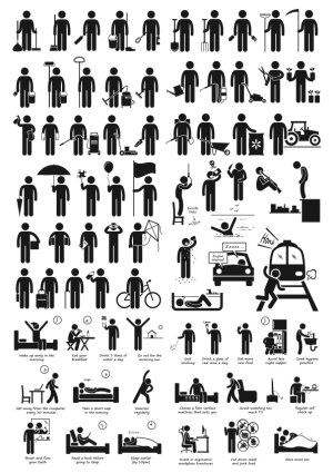 Various Human Silhouettes Performing Daily Activities and Health Tips Icons Free Vector