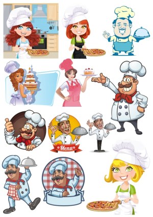 Cartoon Chef Characters with Food and Cooking Themes Free Vector