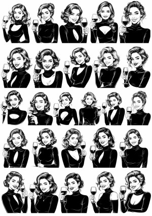 Set of Black and White Vector Portraits of Women Holding Wine Glasses Free Vector