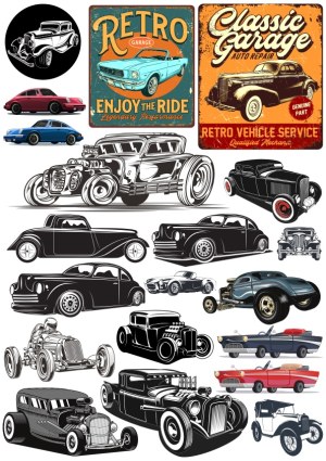 Collection of Vintage and Classic Car Vector Illustrations and Retro Garage Signs Free Vector