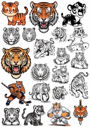 Collection of Tiger Cartoon, Mascot, and Tattoo Vector Illustrations Free Vector