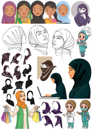Vector Collection of Women Wearing Hijabs in Various Styles and Professions Free Vector