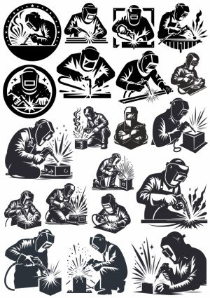 Set of Welding Worker Silhouettes and Icon Illustrations Free Vector