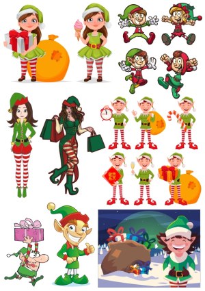 Christmas Elf Characters and Holiday Gift Scenes Vector Collection Free Vector