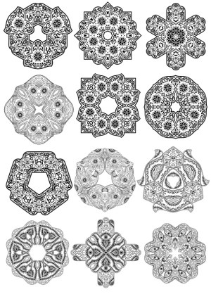 Collection of Twelve Ornate Black and White Mandala Vector Designs Free Vector