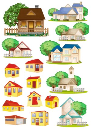 Collection of Various Cartoon-Style Houses with Trees and Fences Free Vector