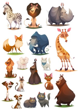 Collection of Stylized Cartoon Wild and Domestic Animals Free Vector