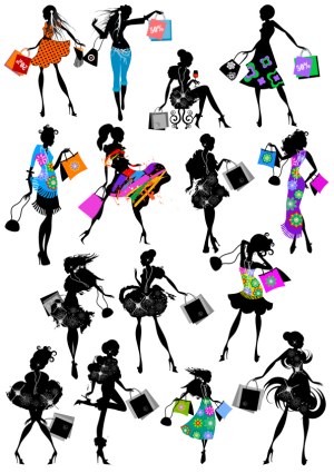 Fashionable Women Shopping Silhouettes with Colorful Bags Free Vector